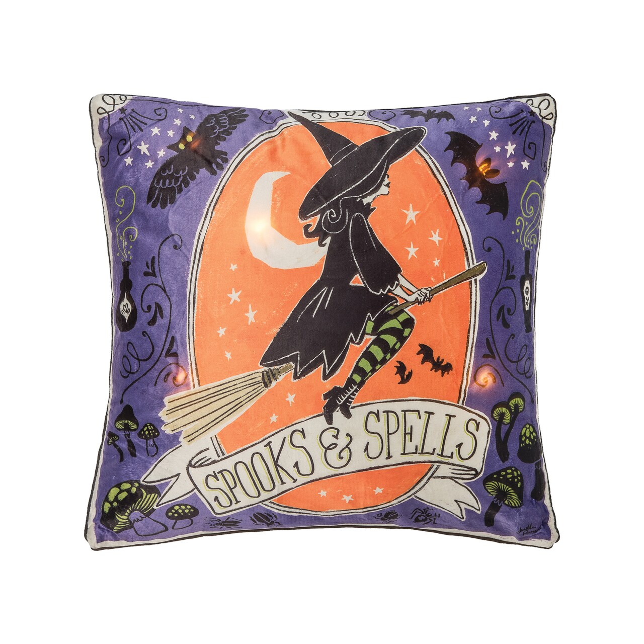 18" x 18" Spooks And Spells Witch Light-Up LED Light-Up Halloween Throw Pillow